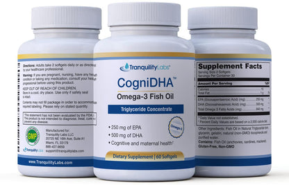 High DHA Omega 3 Fish Oil - CogniDHA - Pharmaceutical Grade - 840 mg Omega-3s - Supercritical CO2 Tranquility Labs