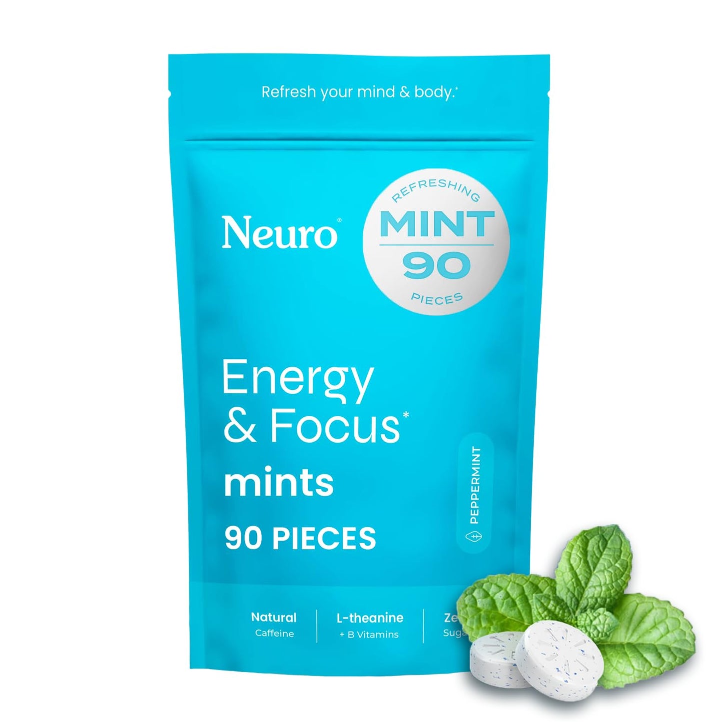 Neuro Energy & Focus Mints - Sugar Free Breath Mints with 40mg Natural Caffeine, B Vitamins & L-Theanine - Vegan Brain Supplement for Exercise, Study & Daily Focus - Peppermint, 90 ct NeuroBuy Supplements Australia