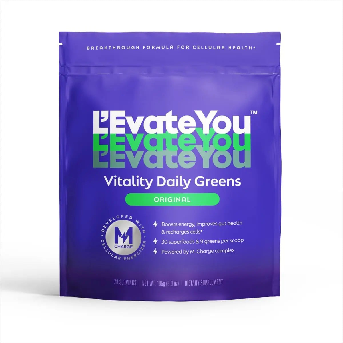 Purple package of L'Evate You Vitality Daily Greens on a white background