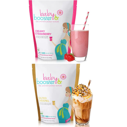 Baby Booster Prenatal Vitamin Supplement Shakes, Salted Carmel and Strawberry Baby Booster