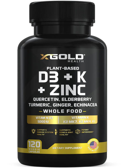 Vitamin D, K2, K1, Zinc, Quercetin, Elderberry, Turmeric, Ginger & Echinacea Whole Food Supplement 8 in 1- D3 5000 IU Plant-Based from Lichen, Vitamin K (K2 MK7, MK4, K1) X Gold Health