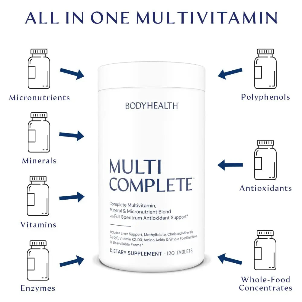 BodyHealth Multi Complete (120 Ct) Daily Multivitamin for Men and Women with Whole Foods, Minerals, Antioxidants, Organic Green Food Concentrates, and Liver Detox Extracts, Non GMO BodyHealth buy supplements Au