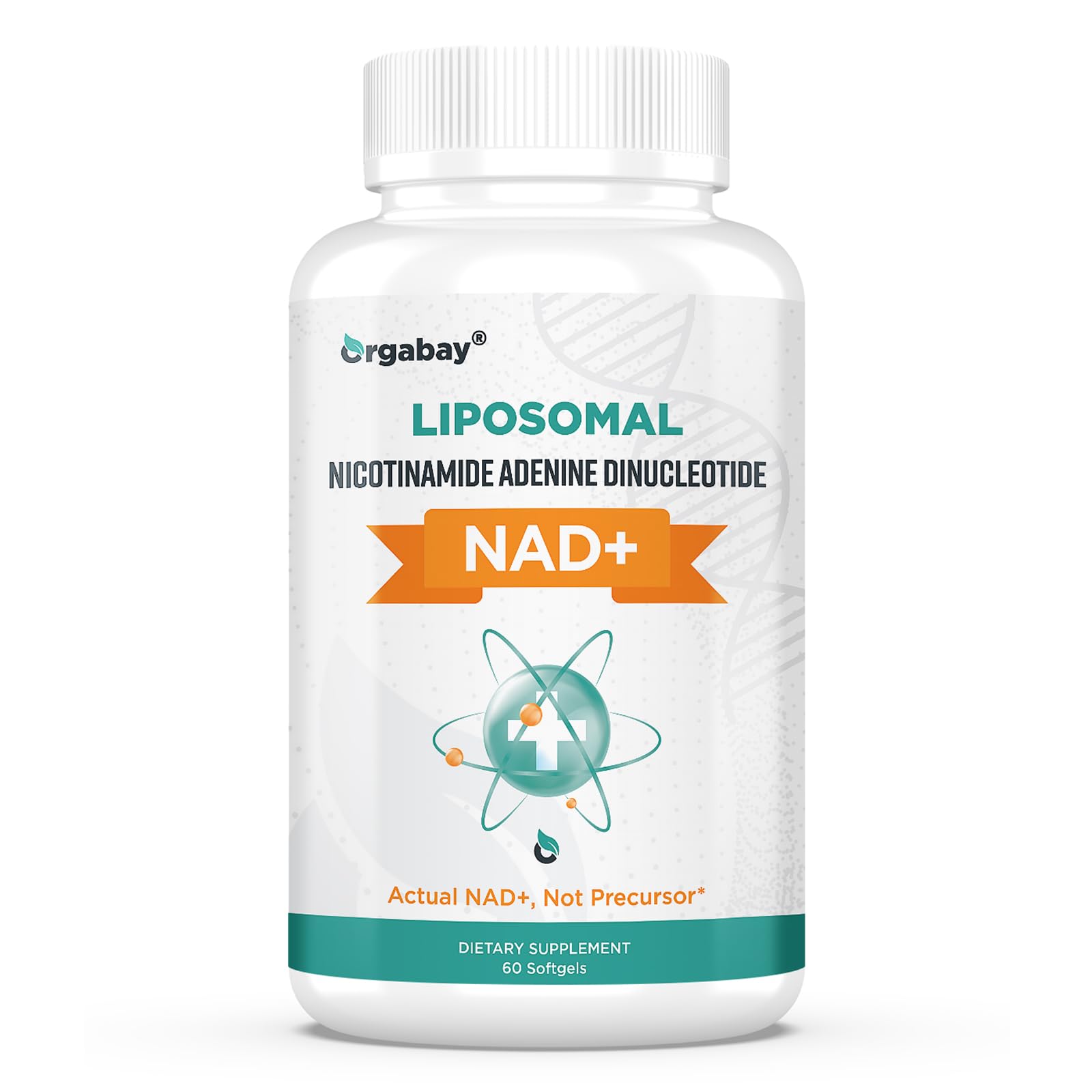 Bottle of Orgabay LIPOSOMAL NAD+ supplement on a white background