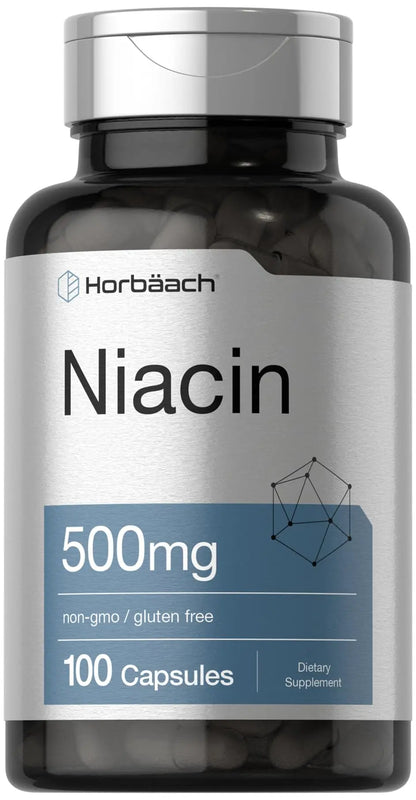 Niacin | Vitamin B3 500mg | 100 Capsules | with Flushing | Non-GMO, and Gluten Free Horbäach
