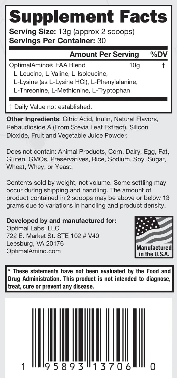 OptimalAmino Best Pre/Post Workout Recovery Drink, 99% Utilization Essential Amino Acid optimal amino