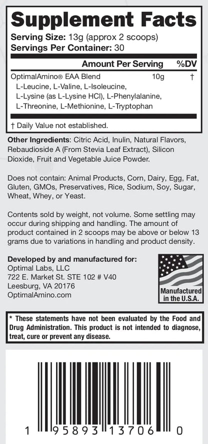 OptimalAmino Best Pre/Post Workout Recovery Drink, 99% Utilization Essential Amino Acid optimal amino