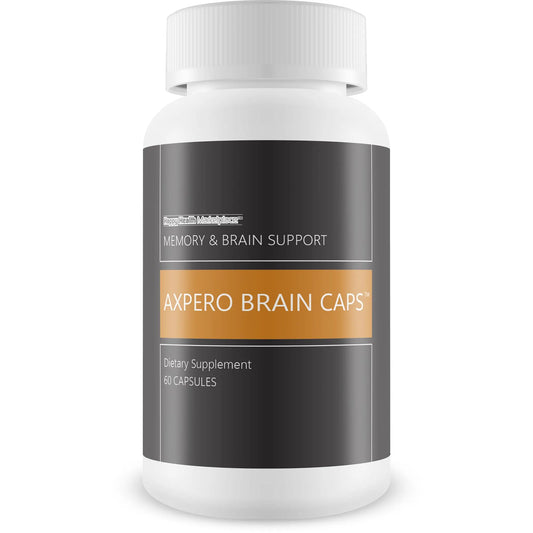 Supplement bottle labeled 'Axpero Brain Caps' for memory and brain support on a white background
