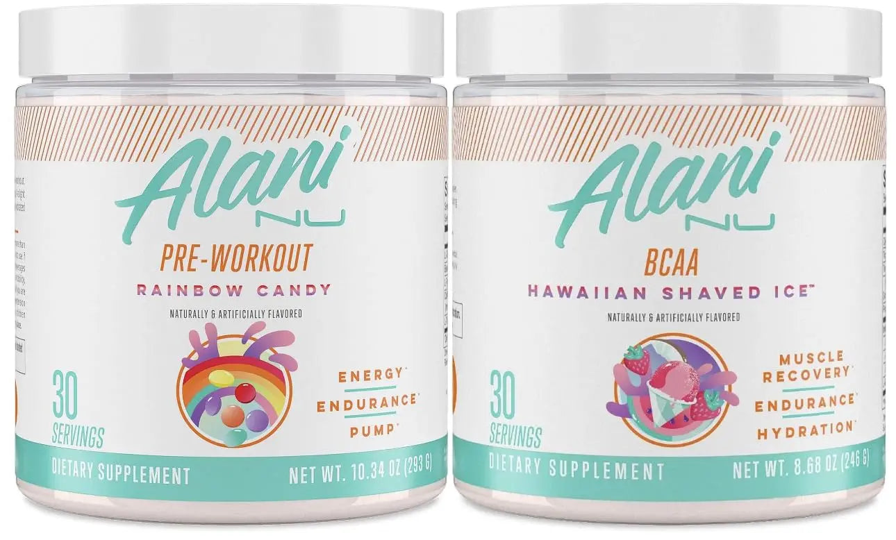 Alani Nu Rainbow Candy Pre Workout and BCAA Hawaiian Shaved Ice Post Workout Powder Alani Nu