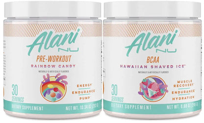 Alani Nu Rainbow Candy Pre Workout and BCAA Hawaiian Shaved Ice Post Workout Powder Alani Nu