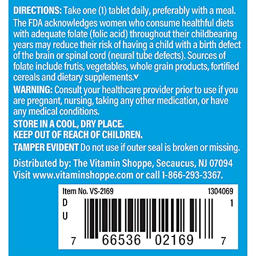 The Vitamin Shoppe Folic Acid 400MCG, Supports Prenatal & Fetal Development (300 Tablets) The Vitamin Shoppe