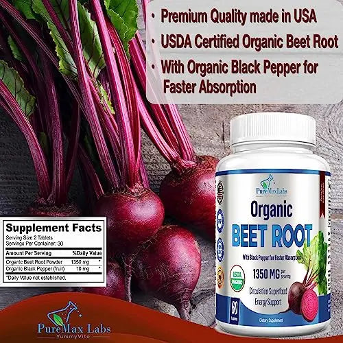 YUMMYVITE Organic Beet Root Powder Tablets - 1350mg with Black Pepper for Faster YUMMYVITE