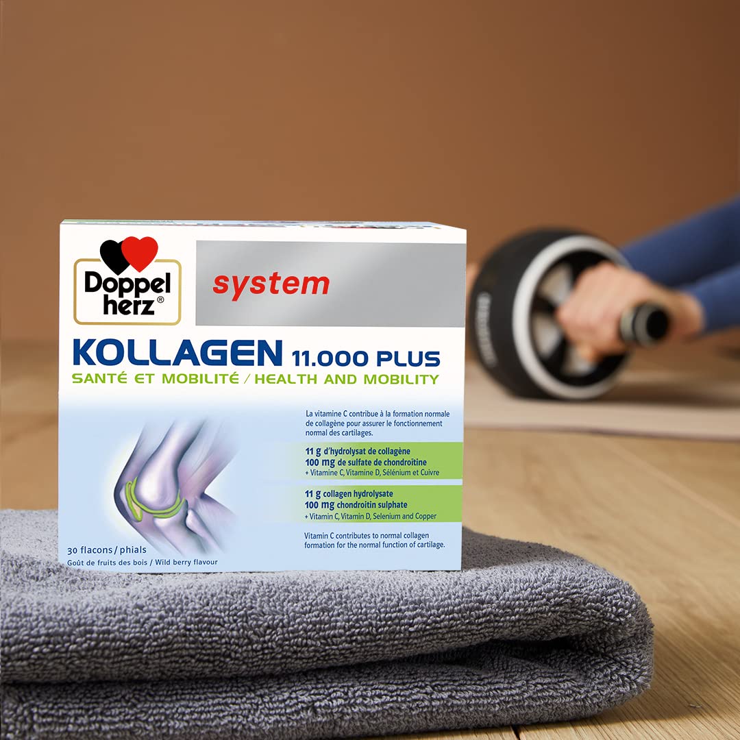 Doppelherz - Kollagen 11000 Plus - Collagen hydrolysate, chondroitin Sulphate, Vitamins C and D and Trace Elements - for Bones, cartilages and tendons - Wild Berry Flavour Liquid- 30 Bottles of 25ml DoppelherzBuy Supplements Australia
