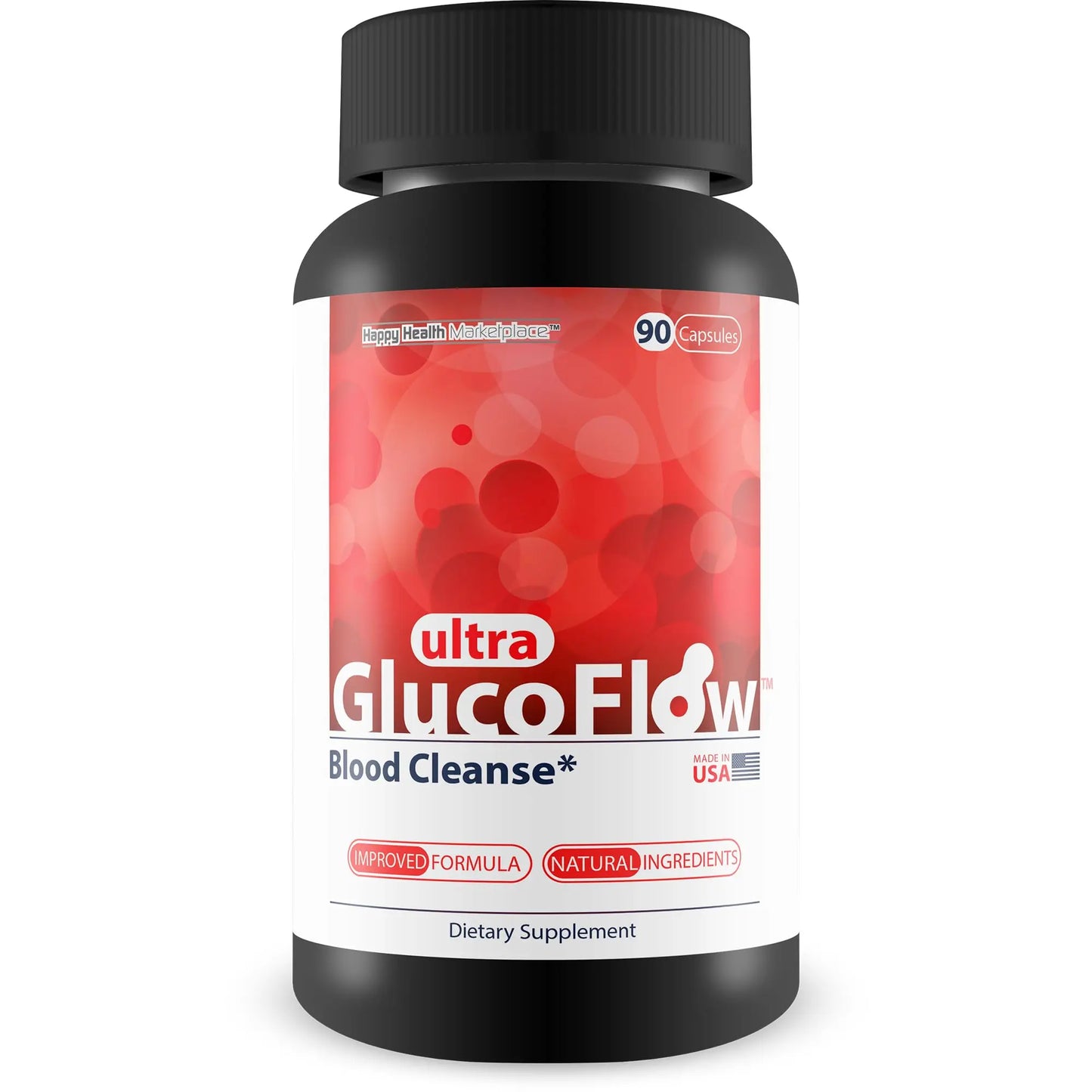 Supplement bottle labeled 'ultra GlucoFlow' on a white background