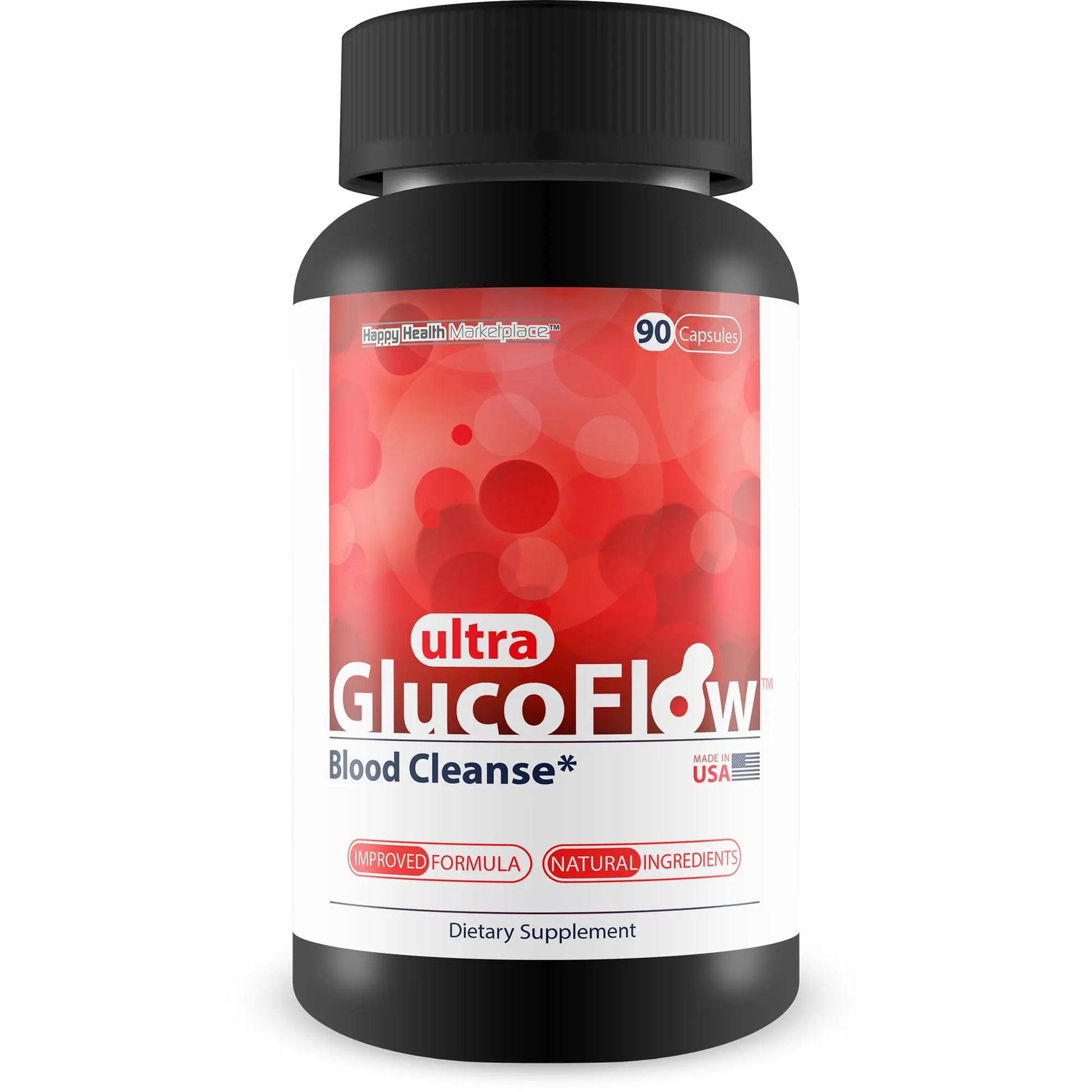 Supplement bottle labeled 'ultra GlucoFlow' on a white background