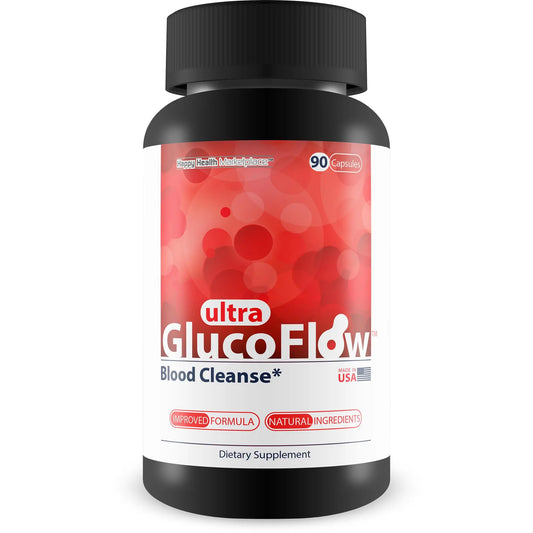 Supplement bottle labeled 'ultra GlucoFlow' on a white background