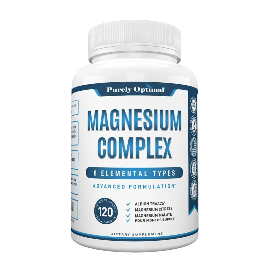 Purely Optimal Magnesium Complex - 6 Forms Magnesium Glycinate, Citrate & Malate - Sleep Support, Stress Relief, Muscles, Heart Health & Relaxation Purely Optimal