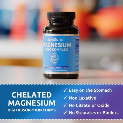 Zentastic Magnesium Complex 4-in-1 Supplement – Magnesium Glycinate, Malate, Taurate & Lactate – Chelated High Absorption for Nerves, Zentastic