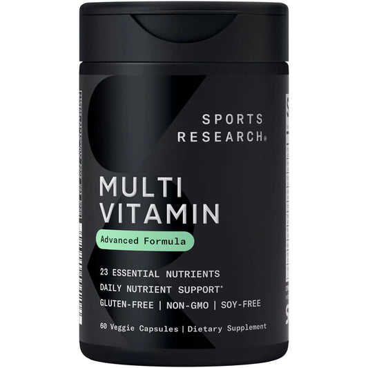 Black container of Sports Research Multi Vitamin on a white background