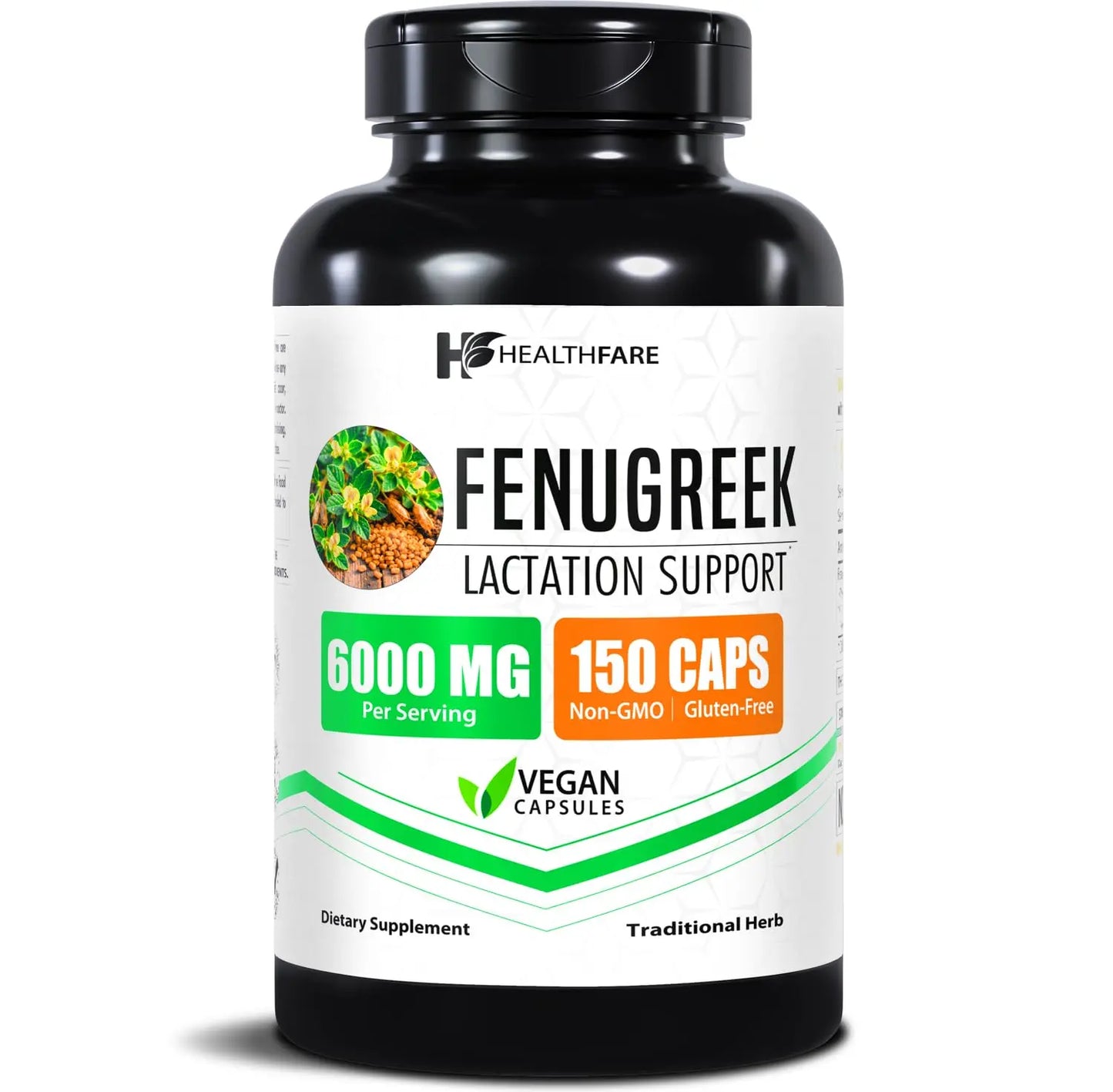 Supplement bottle labeled 'Fenugreek Lactation Support' by HealthCare on a white background