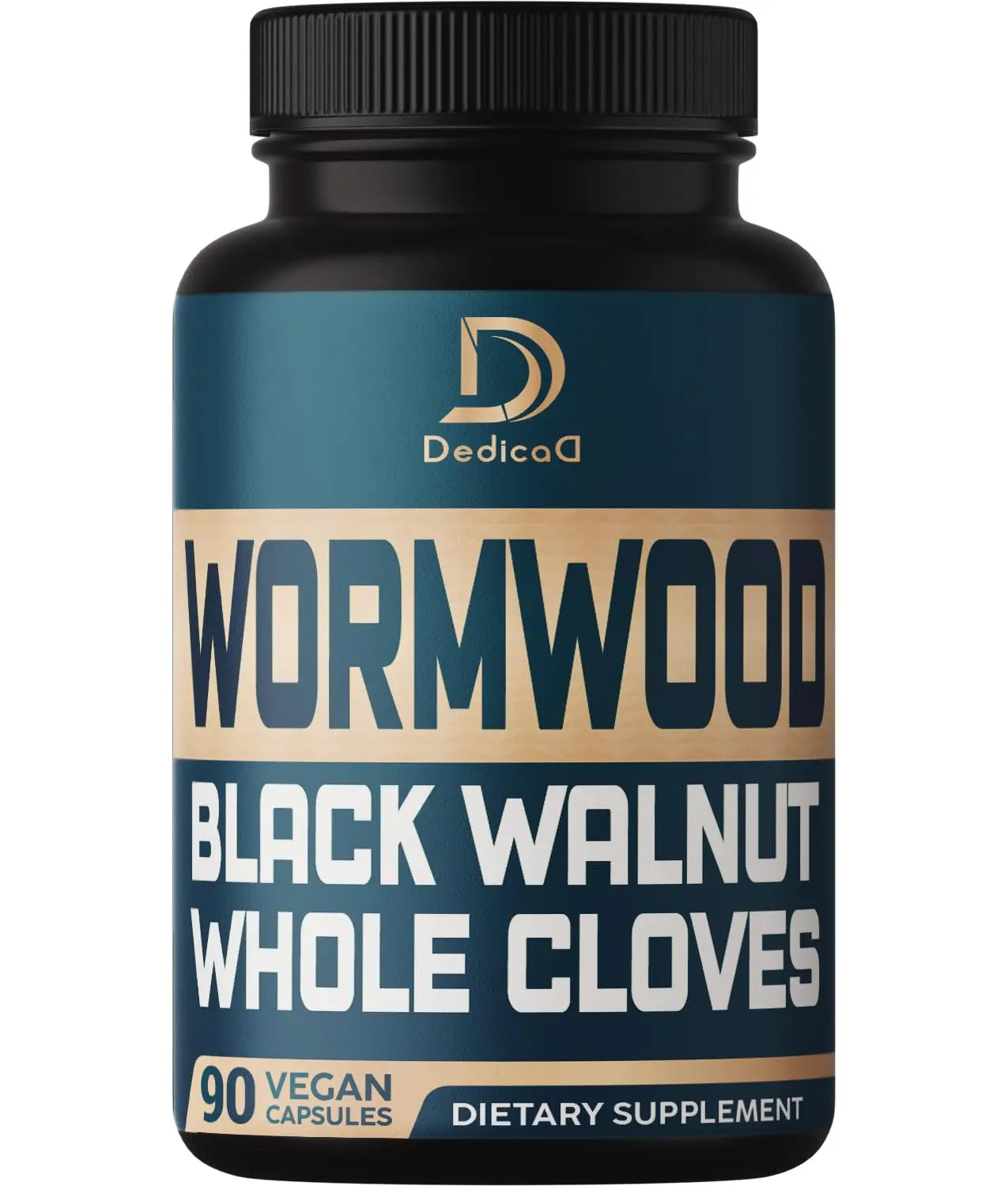 Supplement bottle labeled 'Wormwood, Black Walnut, Whole Cloves' by Dedica on a white background