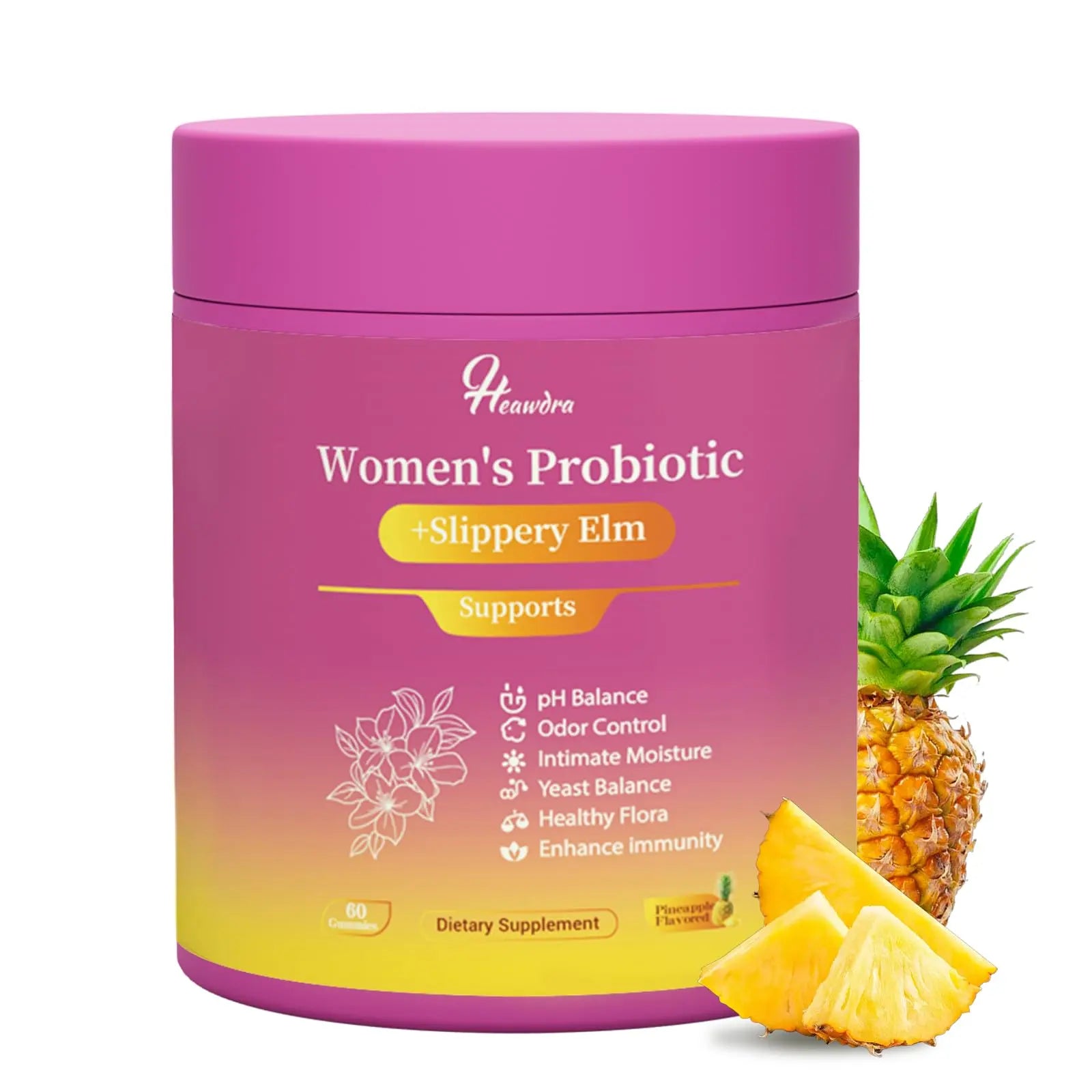 Pink container of Women's Probiotic with pineapple slices on a white background