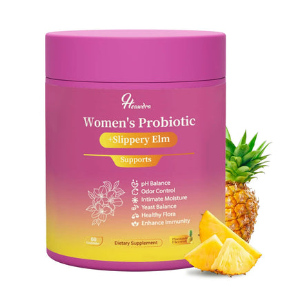Pink container of Women's Probiotic with pineapple slices on a white background
