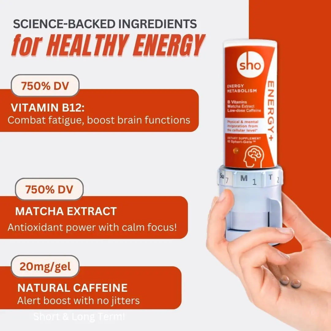SHO Vegan Energy+ Focus Supplement Kit- Matcha Green Tea Extract, Methylated B Complex, Vitamin B and Caffeine Natural Energy Booster Without Crash, Jitters for Men and Women - 60 Pills Refill Bottle SHO buy supplements Au