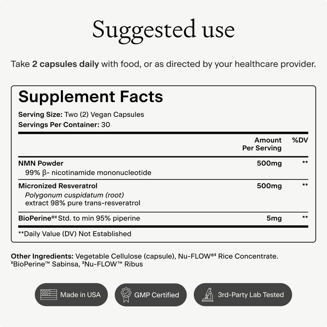 OMRE NMN + Resveratrol Supplement 99% Purity for Cellular Energy, NAD+ Boost | Highly Bioavailable Nicotinamide Mononucleotide Supplement Resveratrol 500mg & NMN 500mg, Made in USA, 60 Capsules OMREBuy Supplements Australia