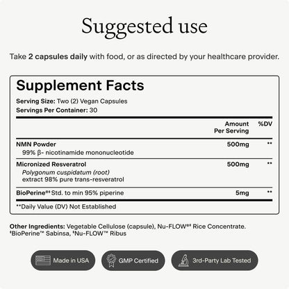 OMRE NMN + Resveratrol Supplement 99% Purity for Cellular Energy, NAD+ Boost | Highly Bioavailable Nicotinamide Mononucleotide Supplement Resveratrol 500mg & NMN 500mg, Made in USA, 60 Capsules OMREBuy Supplements Australia
