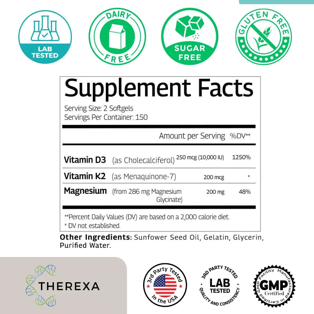 THEREXA Vitamin D3 K2 Magnesium Supplement - Extra Strength with 10000 IU Vitamin D3, Magnesium Glycinate and 200 mcg K2 MK-7 Vitamin Supplements Complex, for Women & Men - 300 Softgels THEREXA buy supplements Au