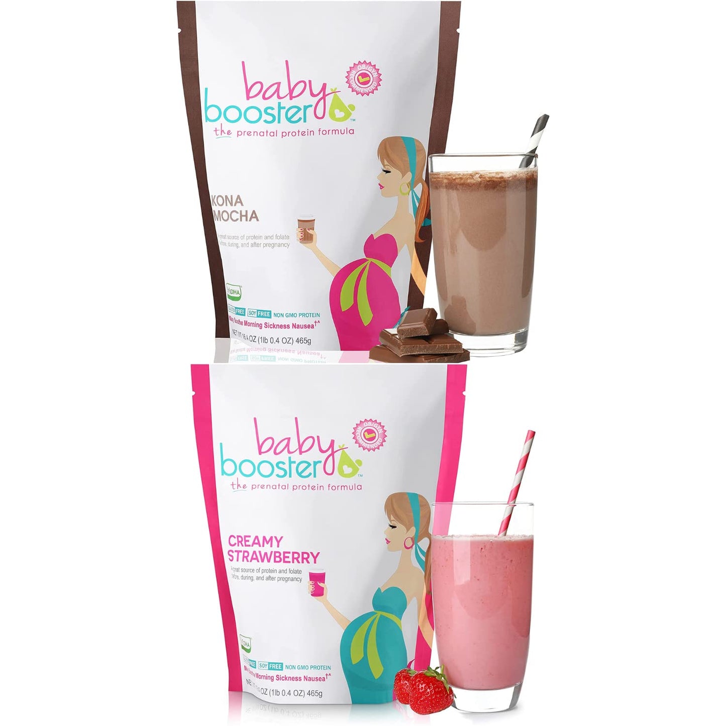 Baby Booster Prenatal Vitamin Supplement Shakes, Kona Mocha and Strawberry Baby Booster