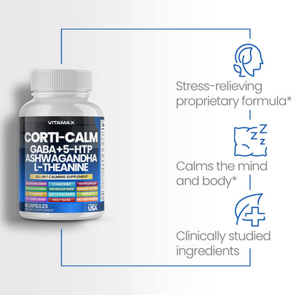 Corti-Calm Cortisol Supplement, L Theanine, Ashwagandha, Vitamin D 3, GABA for Relaxation, Fatigue & Focus with Ginkgo Biloba, Bacopa Monnieri, 5-HTP – Non-GMO, Made in USA – 60ct VitamaxBuy Supplements Australia