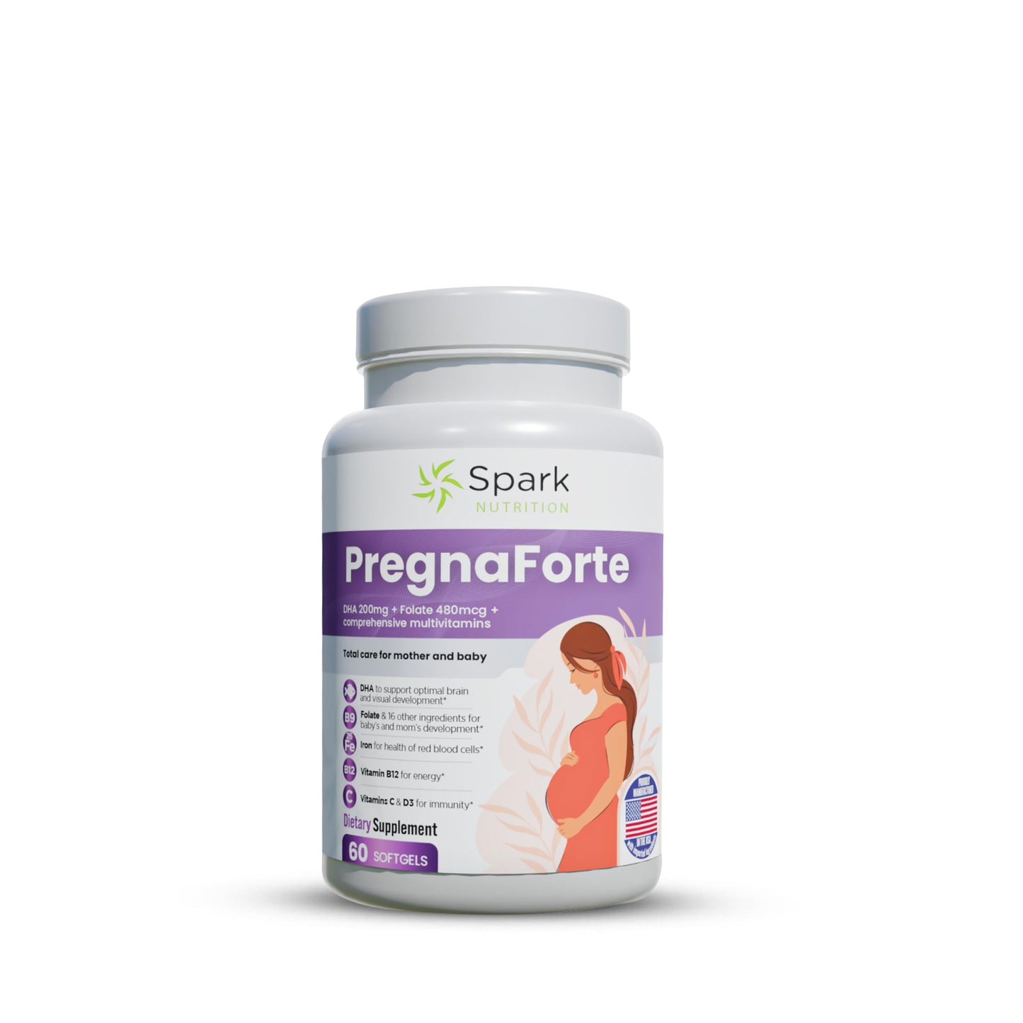 Pregnaforte Prenatal Multivitamin 60 days: Folic acid, Omega-3 DHA/EPA, Vitamins A, B6, B12, C, D3, E Spark Nutrition
