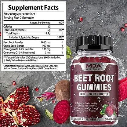 Beet Root Gummies with CoQ10, Energy, and Circulation Support, Pre Workout Nitric Oxide MDA Supplements