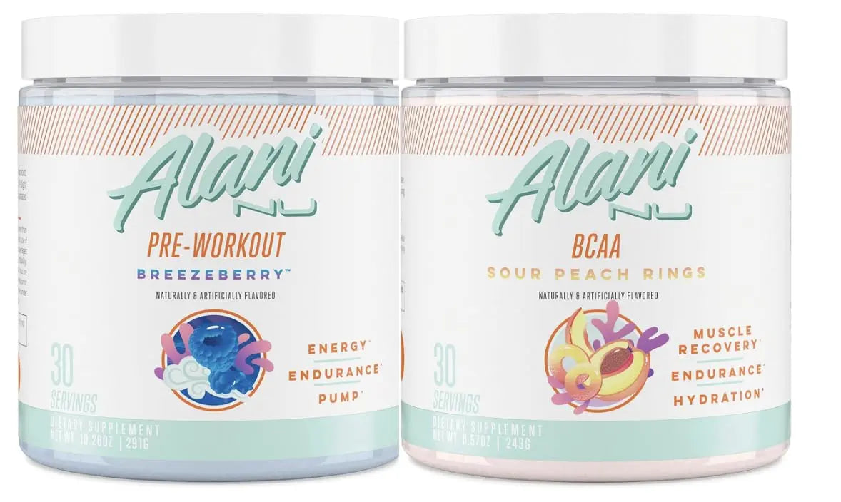 Alani Nu Breezeberry Pre Workout and BCAA Sour Peach Rings Post Workout Powder Alani Nu