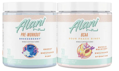 Alani Nu Breezeberry Pre Workout and BCAA Sour Peach Rings Post Workout Powder Alani Nu
