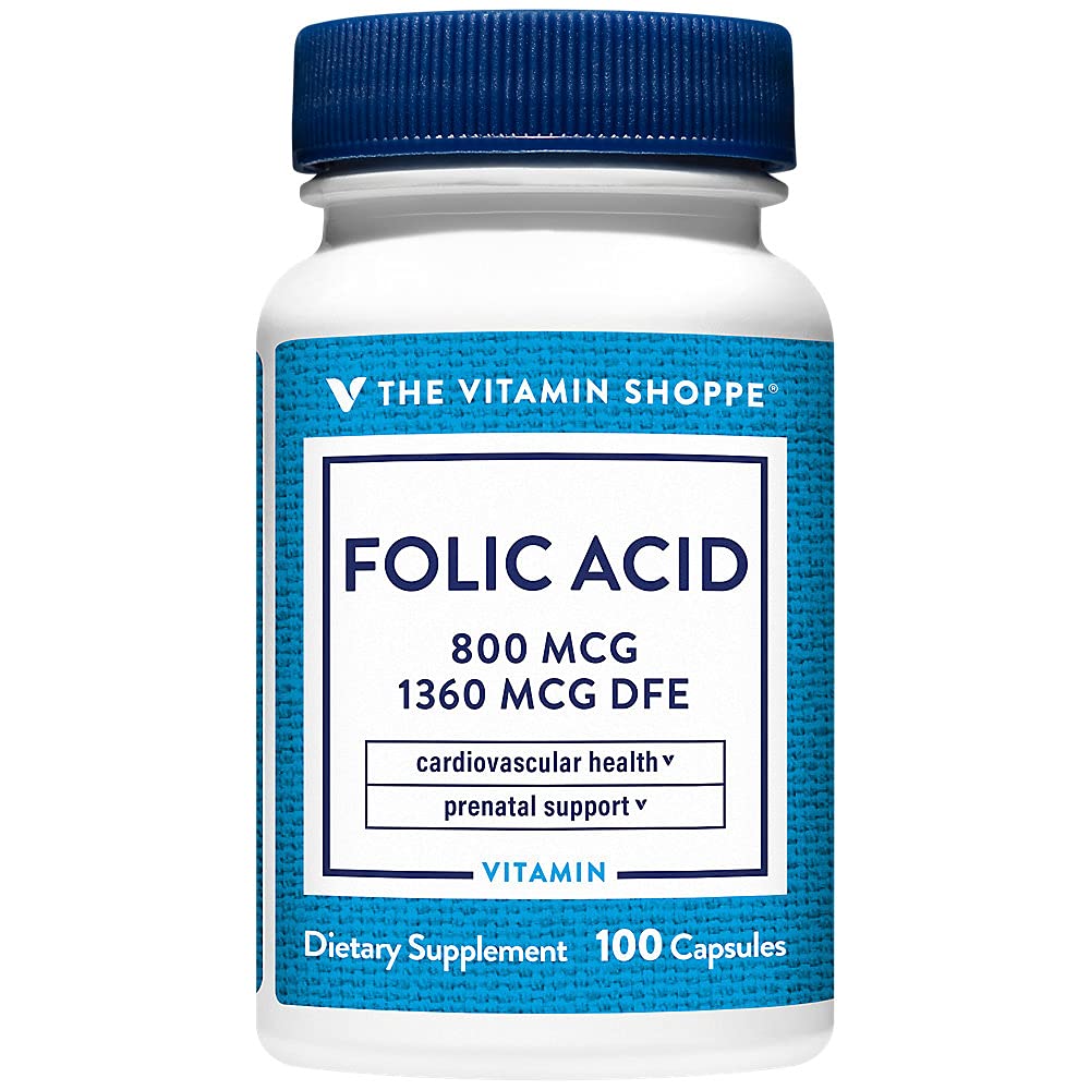 The Vitamin Shoppe Folic Acid 800MCG, Supports Prenatal & Fetal Development (100 Capsules) The Vitamin Shoppe