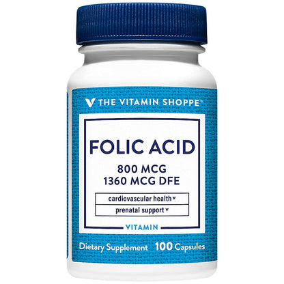 The Vitamin Shoppe Folic Acid 800MCG, Supports Prenatal & Fetal Development (100 Capsules) The Vitamin Shoppe