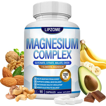 Lipzone Magnesium Complex supplement bottle with health benefits listed, surrounded by nuts, bananas, and an avocado.