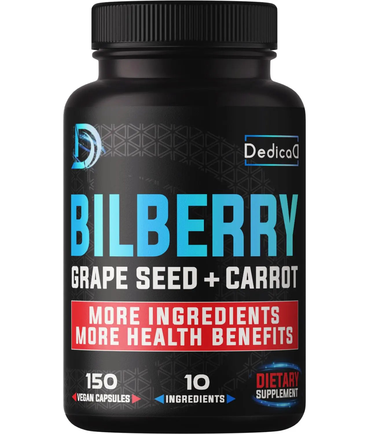 Black supplement bottle labeled 'Bilberry Grape Seed + Carrot' with Dedico branding on a white background.