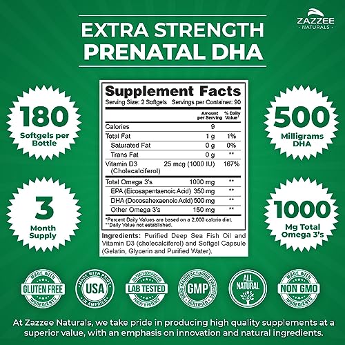 Zazzee Extra Strength Prenatal DHA 500 mg, 180 Enteric Coated Softgels, 1000 mg Omega 3’s Zazzee