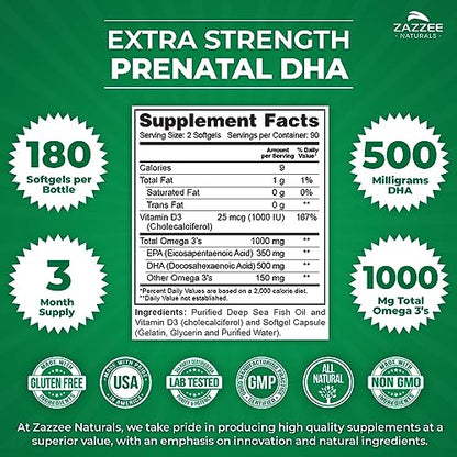 Zazzee Extra Strength Prenatal DHA 500 mg, 180 Enteric Coated Softgels, 1000 mg Omega 3’s Zazzee