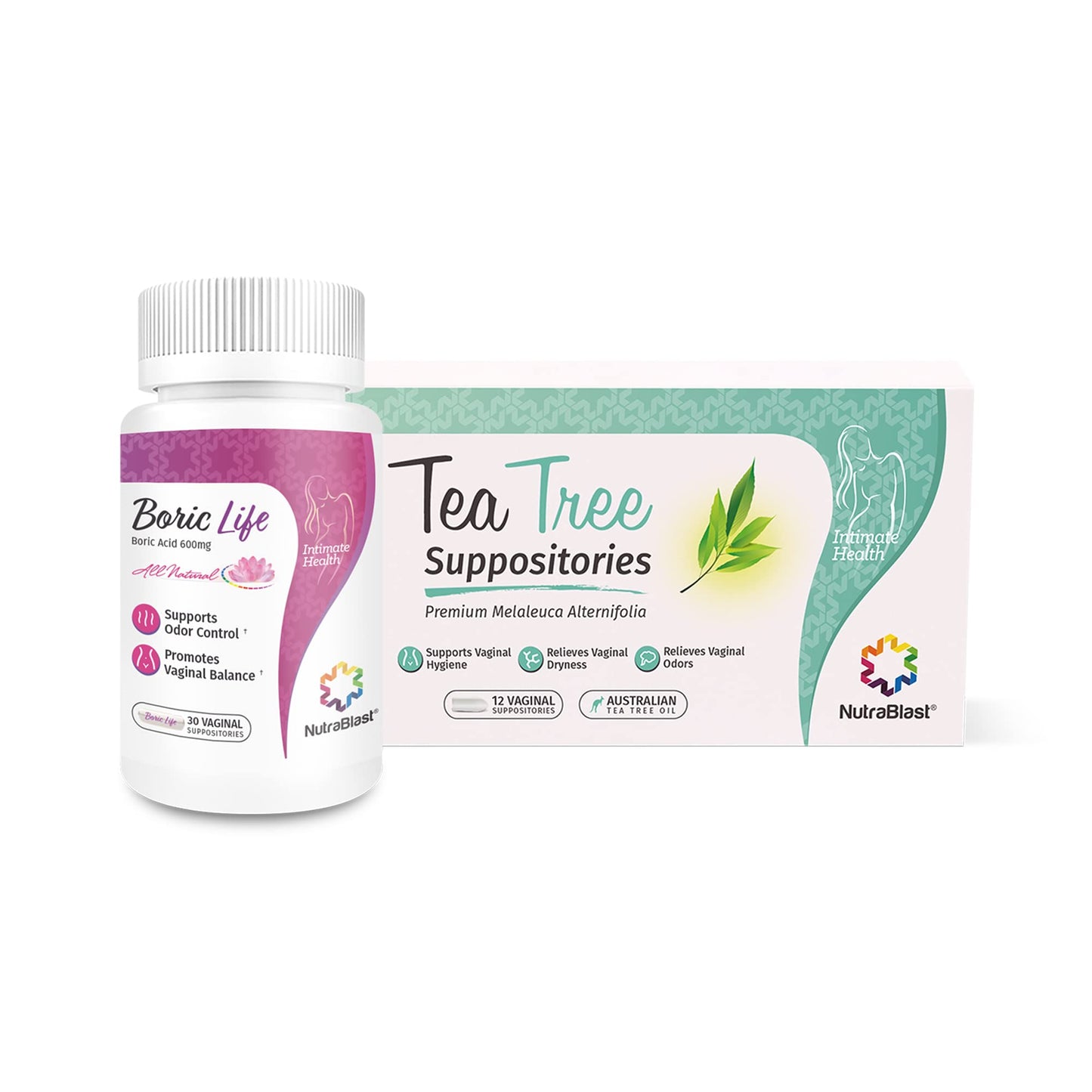 NutraBlast Boric Acid Vaginal Suppositories 600mg (30 Count) w/Tea Tree Oil Suppositories (12 Count)