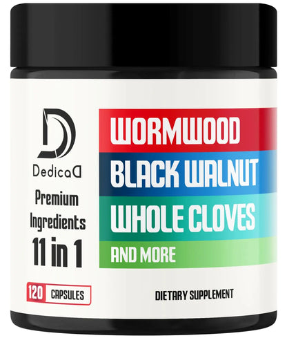 Dedica dietary supplement jar with ingredients listed on a white background