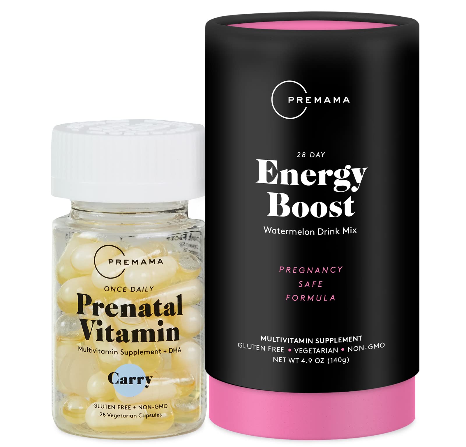 Premama Prenatal Vitamin Energy Boost Drink Mix & Prenatal Support Bundle, Omega 3, B Vitamins Premama