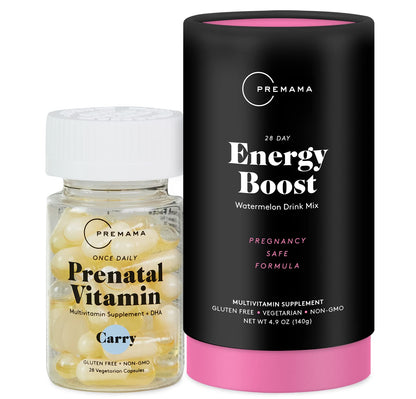 Premama Prenatal Vitamin Energy Boost Drink Mix & Prenatal Support Bundle, Omega 3, B Vitamins Premama
