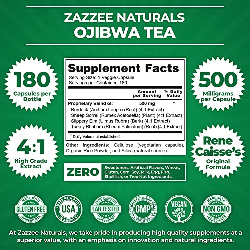 Zazzee Extra Strength Ojibwa Tea 500 mg, 180 Vegan Capsules, Rene Caisse's Original Zazzee