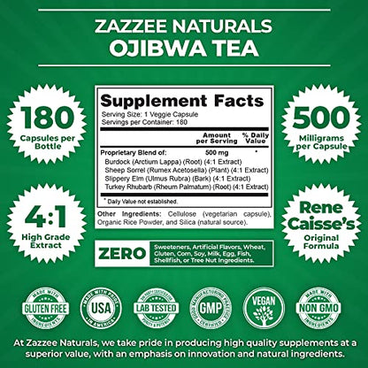 Zazzee Extra Strength Ojibwa Tea 500 mg, 180 Vegan Capsules, Rene Caisse's Original Zazzee