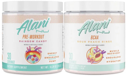 Alani Nu Rainbow Candy Pre Workout and BCAA Sour Peach Rings Post Workout Powder Alani Nu