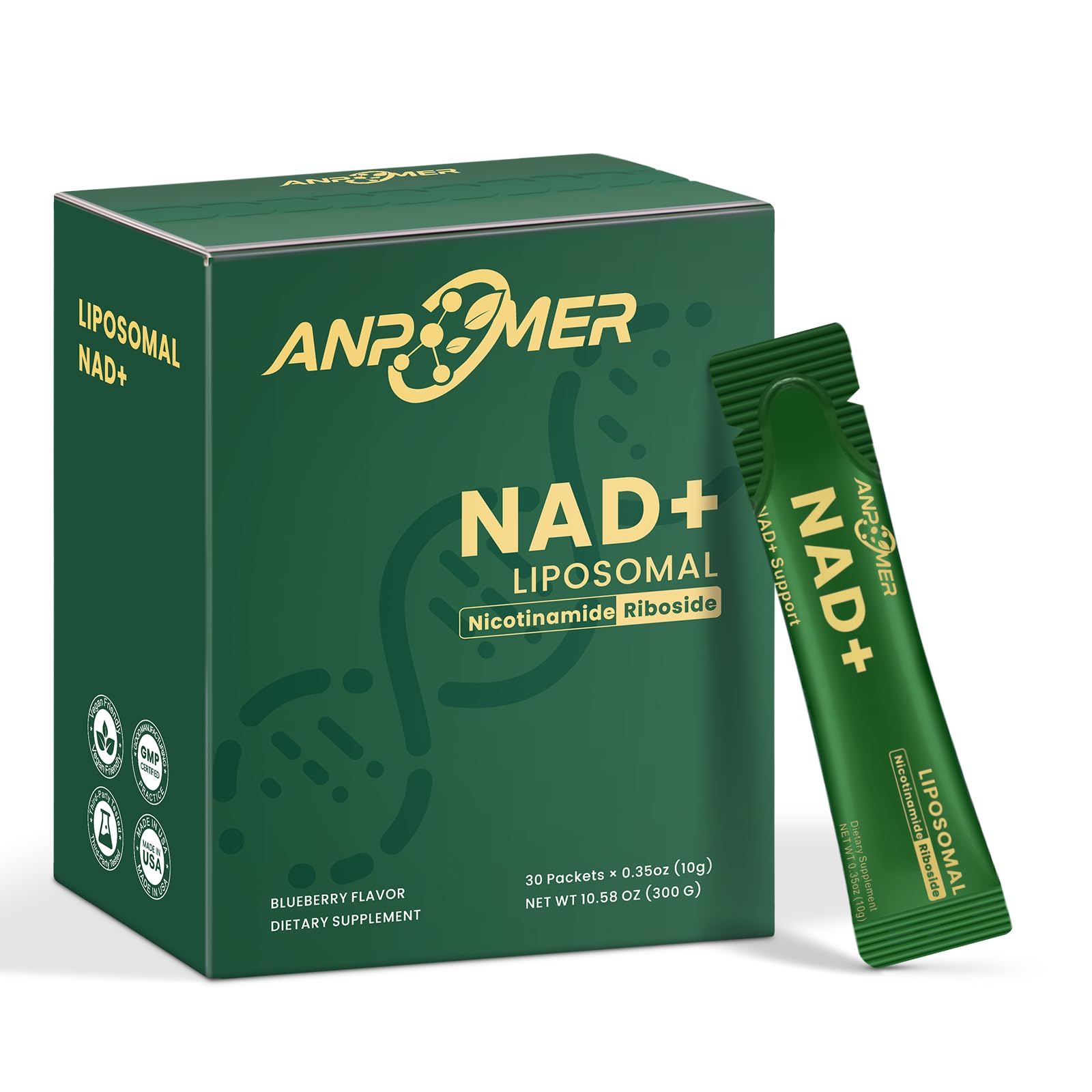 Green box and packet of ANPOMER NAD+ Liposomal dietary supplement on a white background